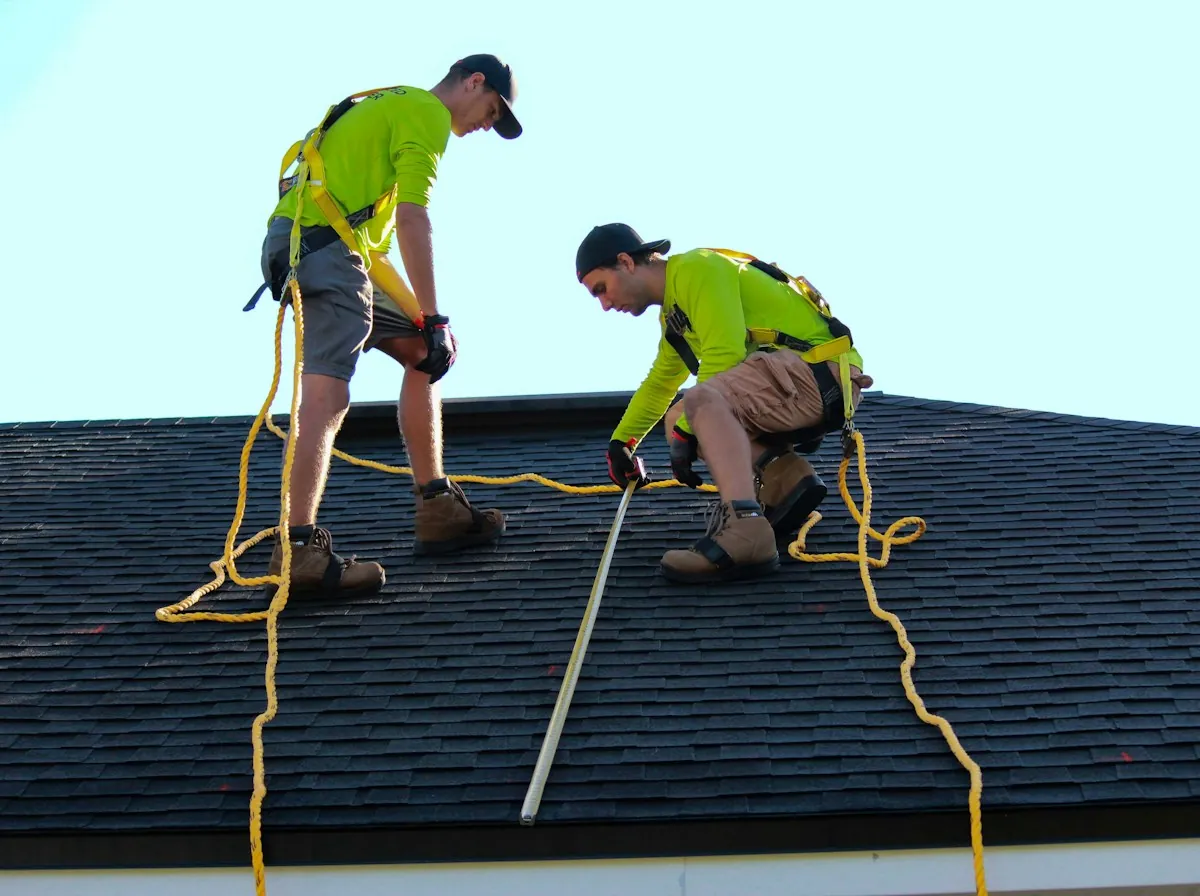 Roof Replacement in Milford — two roofers in harnesses measuring across a dark asphalt shingle roof